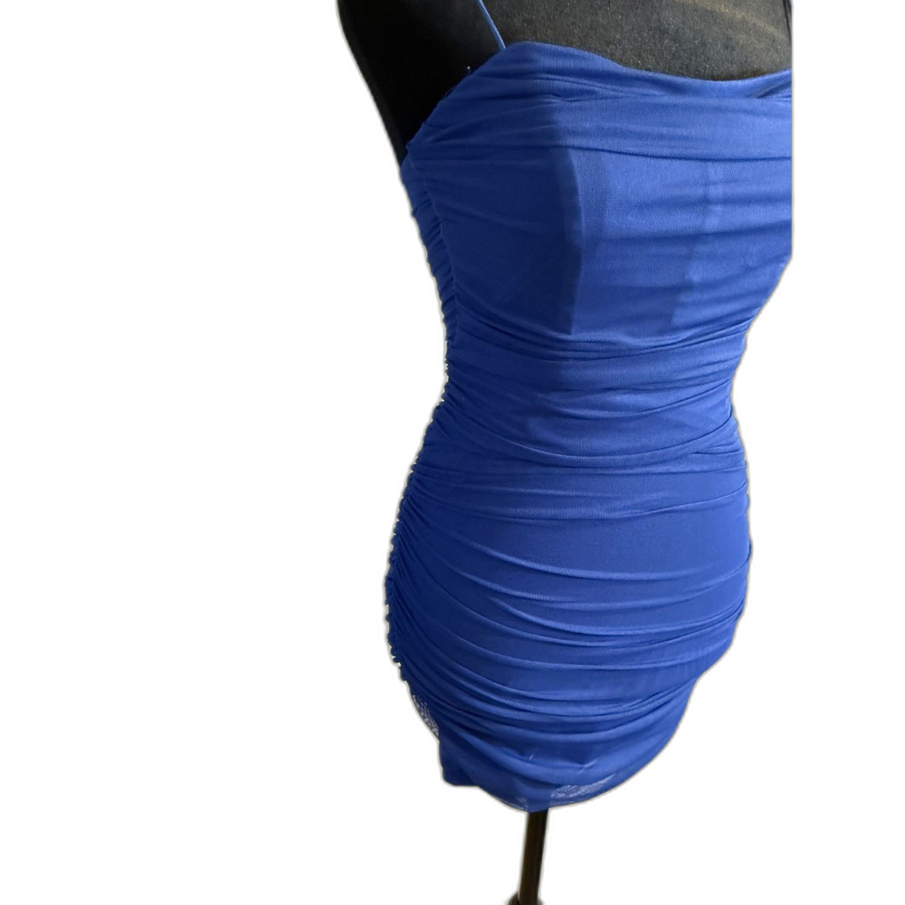 Princess Polly Blue Ruched Mesh Mini Dress — Corset-Style, Spaghetti Straps